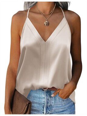 Women's Light Champagne Sleeveless V Neck Silk Satin Pull On Blouse Tank Tops